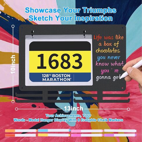Race Medal Hanger Display - Wall Mounted Running Medal Holder with Bib Holder. Hanging Medal Display, Square Design. Writable, with 8-Color Chalk Markers in Kuwait