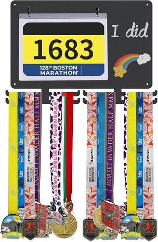 Race Medal Hanger Display - Wall Mounted Running Medal Holder with Bib Holder. Hanging Medal Display, Square Design. Writable, with 8-Color Chalk Markers in Kuwait