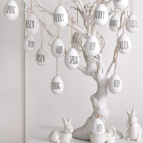 زينة شجرة عيد الفصح: 24 قطعة من زخارف بيض عيد الفصح البلاستيكية البيضاء للشجرة، بيضة زخرفية ريفية مع ربيع أرنب الهيب هوب، ديكورات عيد الفصح في المزرعة لمستلزمات حفلات الأطفال المنزلية in Kuwait