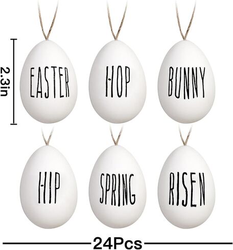 زينة شجرة عيد الفصح: 24 قطعة من زخارف بيض عيد الفصح البلاستيكية البيضاء للشجرة، بيضة زخرفية ريفية مع ربيع أرنب الهيب هوب، ديكورات عيد الفصح في المزرعة لمستلزمات حفلات الأطفال المنزلية in Kuwait