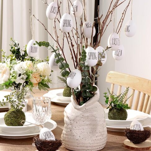 زينة شجرة عيد الفصح: 24 قطعة من زخارف بيض عيد الفصح البلاستيكية البيضاء للشجرة، بيضة زخرفية ريفية مع ربيع أرنب الهيب هوب، ديكورات عيد الفصح في المزرعة لمستلزمات حفلات الأطفال المنزلية in Kuwait