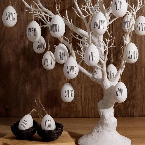 زينة شجرة عيد الفصح: 24 قطعة من زخارف بيض عيد الفصح البلاستيكية البيضاء للشجرة، بيضة زخرفية ريفية مع ربيع أرنب الهيب هوب، ديكورات عيد الفصح في المزرعة لمستلزمات حفلات الأطفال المنزلية in Kuwait