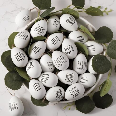 زينة شجرة عيد الفصح: 24 قطعة من زخارف بيض عيد الفصح البلاستيكية البيضاء للشجرة، بيضة زخرفية ريفية مع ربيع أرنب الهيب هوب، ديكورات عيد الفصح في المزرعة لمستلزمات حفلات الأطفال المنزلية in Kuwait