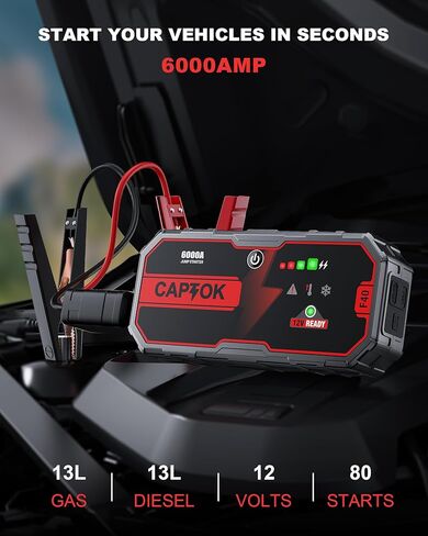 حزمة بطارية 6000 أمبير (لغاز 13 لتر 13 لتر ديزل)، بطارية سيارة شديدة التحمل 12 فولت، 2 منافذ USB، صندوق قفز معزز للبطارية التلقائية 12 فولت، وقت الاستعداد لمدة 24 شهرًا in Kuwait