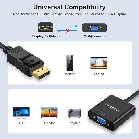 DisplayPort to VGA Adapter, Display Port DP Male to VGA Female Adapters Cord Compatible with Computer, PC, Laptop, Monitor, Projector and More in Kuwait