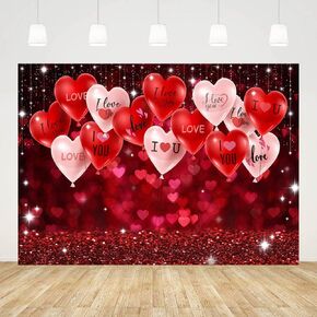 7x5ft Valentines Day Backdrop Red Pink Hearts Balloons Love Photography Background Early 2000s Glitter Bokeh Wedding Anniversary Mothers Day Party Decorations Banner Photo Booth Props
