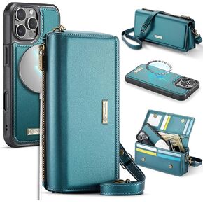 CaseMe 2-in-1 Detachable for iPhone 16 Plus Crossbody Wallet Case with RFID Blocking 10-Card Holder for Woman, PU Leather Wrist Strap Zipper Purse Wallet Phone Case for iPhone 16 Plus 6.7", Blue Green