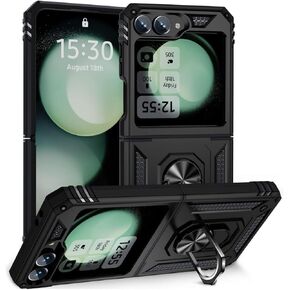 Mizi Case for Samsung Z Flip 6 5G 2024 with Magnetic Stand, Slim Fit Rugged Hard 360 Full Body Cover Protection - Black
