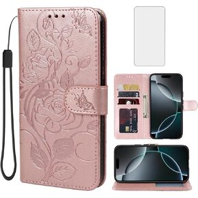 Case for iPhone 16 Pro Case, Apple 16 Pro Wallet Case with Tempered Glass Screen Protector, Flower Leather Flip Credit Card Holder Stand Phone Cover Cases for iPhone 16 Pro Rose Gold