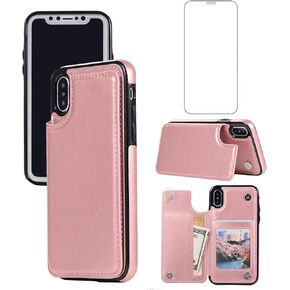 Asuwish Compatible with iPhone Xs Max Wallet Case Tempered Glass Screen Protector Card Holder Stand Flip Leather Cell Accessories Phone Cases for i X XR Xsmax 10x SX Xmax 10xs 10s 10 Plus Xmax Pink