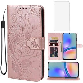 Case for Galaxy A05S Case, Samsung A05S SM-A057F Wallet Case with Tempered Glass Screen Protector, Leather Flip Credit Card Holder Stand Phone Cover Cases for Samsung Galaxy A05S Rose Gold