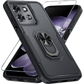 Janmitta Compatible with Motorola Moto G 5G 2025 Case with Screen Protector,Heavy Duty Shockproof Full Body Protective Cover Built in Rotatable Metal Ring Holder Kickstand,Black Matte
