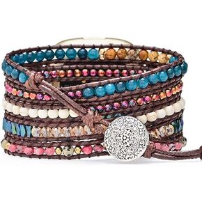 Boho Stone Watch Strap Compatible with Fitbit Versa 4/Versa 3/Sense 2/Sense,Women Men Handmade Natural Stone Colorful Jasper Strap for Versa 2 /Versa/Versa Lite