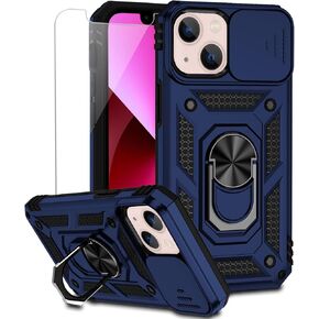 for iPhone 13 Mini Case with Camera Lens Cover HD Screen Protector, Dual Layer Military Grade Drop Protection Magnetic Ring Holder Kickstand Protective Phone Case for iPhone 13 Mini 5.4 inch (Navy)