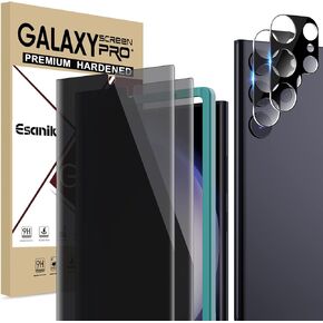 Esanik [2+2Pack Privacy Screen Protector for Samsung Galaxy S23 Ultra 6.8-inch Anti Spy PET Film(NOT Glass) with Easy Installation Frame + Camera Lens Protector Fingerprint ID Compatible