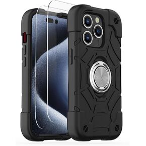 KCJ Compatible with iPhone 15 Case with[2×Screen Protectors+1xLens Protector][Ring Stand] Soft Silicone+Hard PC Full Body Protection Phone Shell Durable Rugged Case for iPhone 15 6.1"