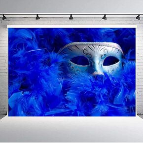 FEASRT Silver Mask Backdrop 10x7ft Navy Blue Feather Photography Backdrops Dress-up Party Masquerade Background Photo Booth Studio Props LHAY104