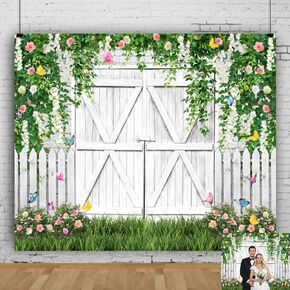 Spring Backdrop 10x8ft Easter Green Leaves Flower White Barn Door Easter Backdrops for Photography Background Birthday Bridal Shower Wedding Photo Backdrop Party Decorations Photo Props