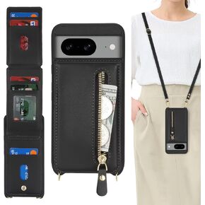 for Google Pixel 8 Case with Card Holder for Women,for Pixel 8 Phone Case Wallet with Strap Credit Card Slots Crossbody with Kickstand Zipper Case for Pixel 8 - Black