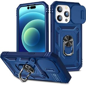for Apple iPhone 14 Pro Case Military Grade Drop Shock Protection Cell Phone Cover with Slide Camera Cover Built-in 360° Rotate Ring Stand for iPhone 14 Pro 6.1 - Blue