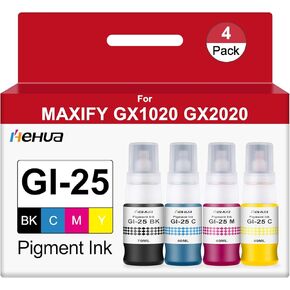 hehua GI-25 Pigment Refill Bottles Ink Replacement for Canon GI25 GI 25 Ink Bottles Compatible with Canon MAXIFY GX1020 GX2020 Inkjet Printers 4 Pack 190ML (Black Cyan Magenta Yellow)