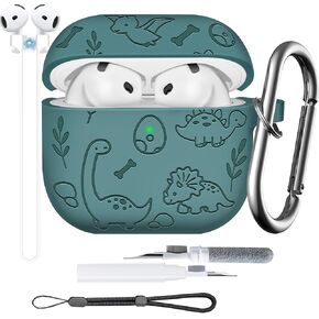 Silicone Cover for AirPods 4 Case Engraved - Cute Dino Animal Engraved Protective Case Skin for AirPods 4th Generation Case with Magnetic Lanyard, Adjustable Wrist Strap 5 in1 Set Gen 4th Case - Green