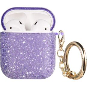 Bling Air-pods Case, Cute Glitte Diamond Airpod 1st/2rd Case Cover for Girls Women, Rhinestone Air-pods Protective Case with Keychain, Scratch Proof and Drop Proof (Purple)