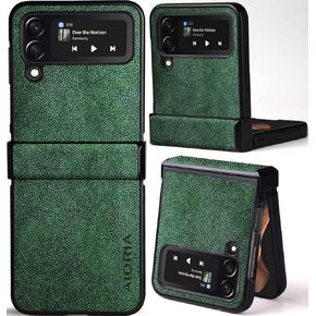 AIORIA for Samsung Galaxy Z Flip 4 Case, Premium Leather Phone Cover Retro Design Full Protective Case Flip4 5G (Green)