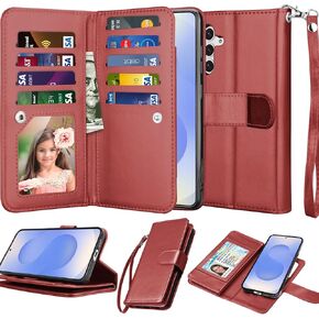 Njjex Galaxy S25 Case, for Samsung Galaxy S25 Wallet Case, [9 Card Slots] PU Leather ID Credit Holder Folio Flip [Detachable] Kickstand Magnetic Phone Cover & Lanyard for Samsung S25 [Wine Red]