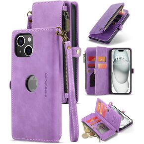 Defencase Logo View for iPhone 15 Case Wallet RFID Blocking with Card Holder for Women and Men Suede PU Leather Magnetic Flip Strap Zipper Pocket Protective Phone Case for iPhone 15 6.1", Light Purple