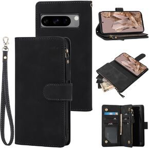 RANYOK Compatible with Google Pixel 8 Pro Wallet Case, Premium PU Leather Zipper Flip Folio Wallet RFID Blocking with Wrist Strap Magnetic Closure Built-in Kickstand Protective Case -Blue