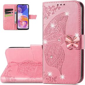 Wallet Case for Samsung Galaxy A23 4G/5G,3D Butterfly Pattern PU Leather Case with Strong Magnetic Clasp and Cash Card Slots Holder Cover for Galaxy A23, HZD Rhinestone Pink