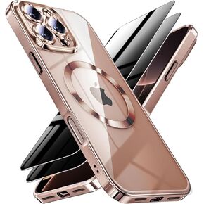 Privacy Case for iPhone 16 Pro with Screen Protector [2 Pack] & Full Camera Cover Metallic Glossy Soft TPU for Women iPhone 16Pro Phone Case Compatible with MagSafe,Desert Titanium