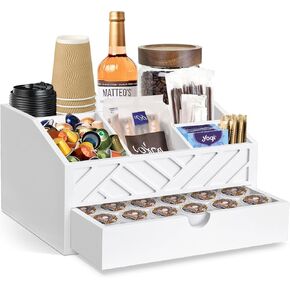 Coffee Bar Organizer with Drawer, Coffee Station Organizer for Countertop, Wood Coffee Bar Accessories Organizer for Coffee Bar Decor, Farmhouse Coffee Cup Pod Holder Condiment Organizer(White)
