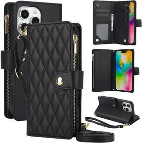 LBYZCASE for iPhone 16 Pro Max 5G Wallet Case with RFID Blocking Card Slots for Women,Flip Folio Book Leather Shockproof Protective Phone Cover with Crossbody Strap for iPhone 16 Pro Max (Black)