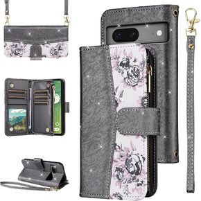 for Google Pixel 7 5G Floral Wallet Case with Flip Zipper Purse Wrist Strap Shoulder Strap, Luxury Glitter PU Leather Card Holder Stand Phone Cover for Pixel7 Pixle Seven 6.3 Women Black