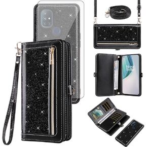 Asuwish Phone Case for OnePlus Nord N10 5G Zipper Wallet Detachable Cell Cover with Screen Protector Strap Bling Glitter Flip Card Holder One Plus N 10 G5 1 Plus 10N 1plus One+ 1+ N105G Women Black
