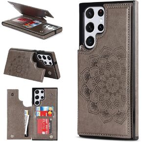 UEEBAI Case for Samsung Galaxy S22 Ultra 5G, Luxury PU Leather Flip Case [Two Magnetic Clasp] [Card Slots] Stand Function Embossed Mandala Pattern Flower Durable Soft TPU Back Wallet Cover - Grey