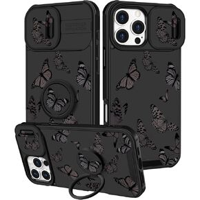 for iPhone 16 Pro Max Case - Women Girls Cute Phone Cover Girly Pretty Aesthetic Black Butterfly Unique Design with Camera Cover and Ring Stand Funda for Apple 16 Pro Max