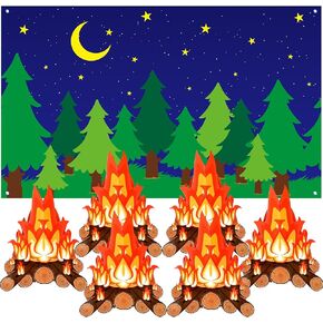 Forest Scene Camping Backdrop Photography and 6 Sets 3D Fake Fire Flames Cardboard Campfire Centerpiece, Artificial Background Camping Theme Party Decorations