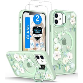 Magnetic for iPhone 11 Case Floral, with Screen Protector, Built-in Lens Ring Stand,Military-Grade Protection,Translucent Matte Magnetic Shockproof Flower Pattern Case for Women Girls (Hibiscus)