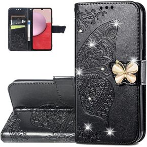 Wallet Phone Case for Samsung Galaxy A14,3D Butterfly Pattern PU Leather Flip Phone Case with Magnetic Clasp and Cash Card Slots Holder Holster for A14 5G/4G, HZD Rhinestone Black