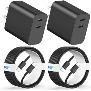 Compatible with iPhone15/16 Charger Fast Charging,20W Dual USB C Charger Block with Two 10FT USB C-C Charging Cables with Phone 15/16Pro Max/16Plus,15Plus/15Pro/15Pro Max,Pad Pro/Air,(2Pack,Black)