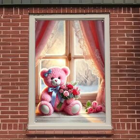 Window Cover Decoration for Valentine’s Day Cute Lovely Bear Flowers Teddy Pink Set Rose Backdrop Photo Background Party Hanging Window Supplies Tuba 31 * 47inch(80 * 120cm)