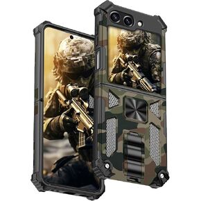 Ysnzaq Camo Case for Samsung Galaxy Z Flip 6, Military Grade Heavy Duty Shockproof Protective, Rotatable Ring Stand, Phone Case for Samsung Galaxy Z Flip6 MC Army Green