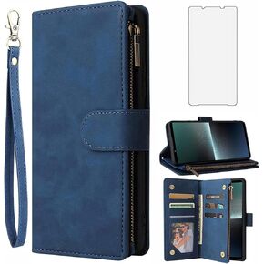 Asuwish Compatible with Sony Xperia 1 V 2023 Wallet Case Tempered Glass Screen Protector and Leather TPU Kickstand Flip Cover Card Holder Stand Cell Accessories Phone Cases for 1V 5G Women Men Blue