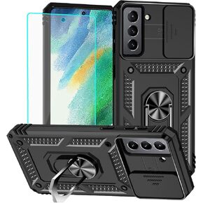 for Samsung S21 FE Case with Screen Protector: [Military Grade 20ft. Drop Tested] Ring Shockproof Protective Phone Case for -Samsung Galaxy S21 FE (Black)