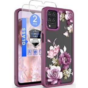 Dretal for Samsung Galaxy A12 5G Case, with Tempered Glass Screen Protector, Military Grade Drop Tested Hard Back & Soft Edge Slim Flower Women Girls Protective Cover for A12 (Purple)