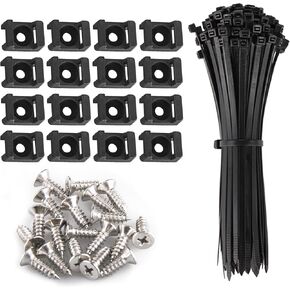 100 Pieces Cable Tie Mount Base Saddle Type Mount Wire Holder, 100 Pieces Cable Zip Ties with Self-Locking (203.2 x 3.3mm) and 100 Pieces Deep Thread Pan Head Screws (BLACK)