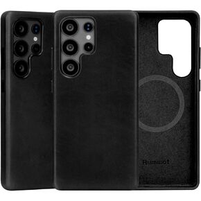 Compatible with Samsung Galaxy S25 Ultra Leather case, Vintage Oil Wax Leather, Compatible with MagSafe and Wireless Charging, Metal Buttons Camera Bezel, Ultra-Thin fit (Black)